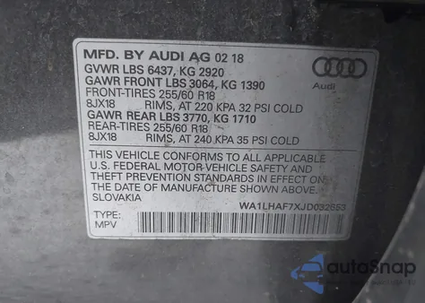 2018 Audi Q7 2.0T Premium z USA, uszkodzony, nr VIN WA1LHAF7XJD032653